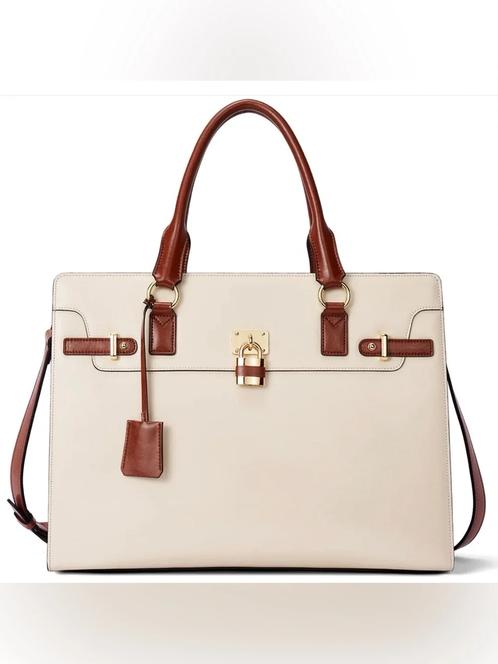 Bostanten- Machk Vintage Style Leather Briefcase- Beige/Brown